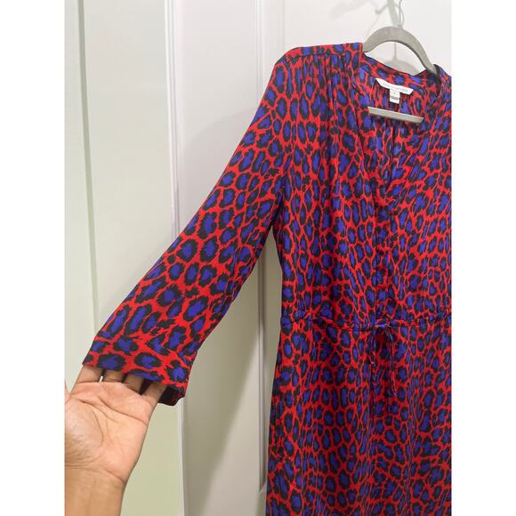 Diane Von Furstenberg Red Blue Leopard Print Shirt Mini Dress Sz 8 - Picture 4 of 7